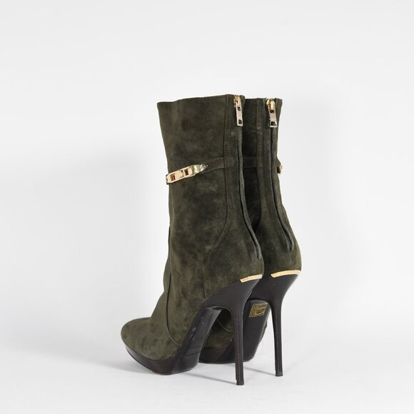 Burberry Olive Suede Ankle Boots with Gold Accents Size 37.5 Stiletto Heel - Picture 7 of 14